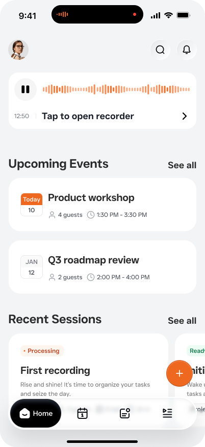 Deep Notes home screen with live recording waveform